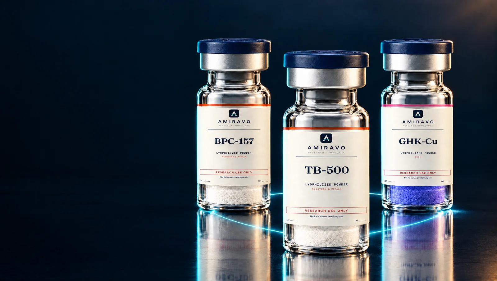 Reference vials: BPC-157, TB-500, GHK-Cu