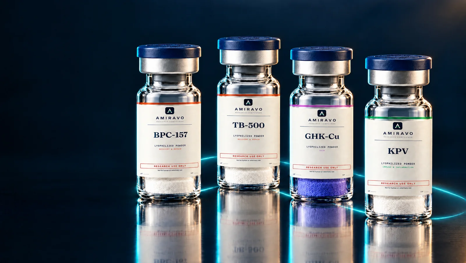 Reference vials: BPC-157, TB-500, GHK-Cu, KPV