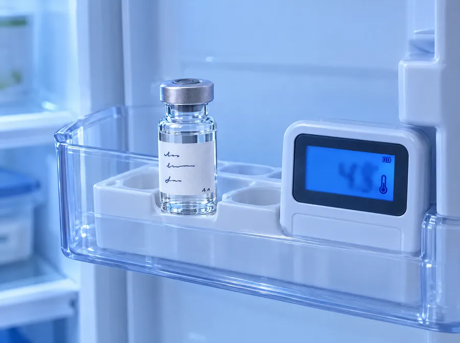 A labeled, opened vial in a refrigerator door rack next to a digital thermometer