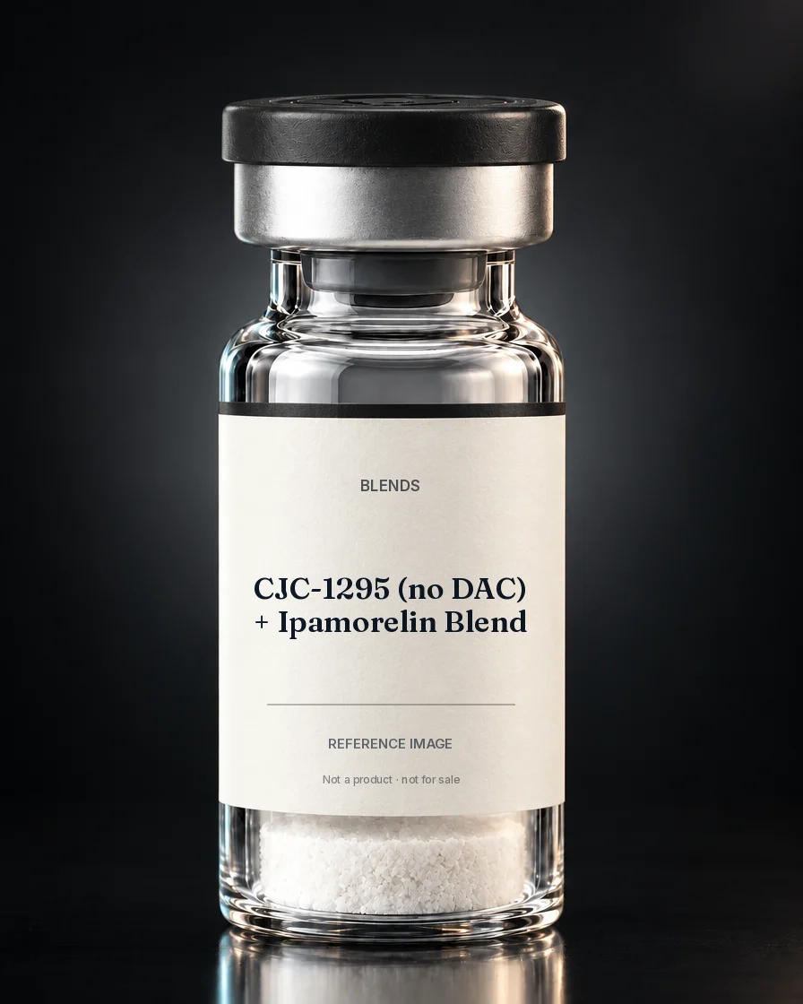 Unbranded reference vial illustrating CJC-1295 (no DAC) + Ipamorelin Blend; not an actual product