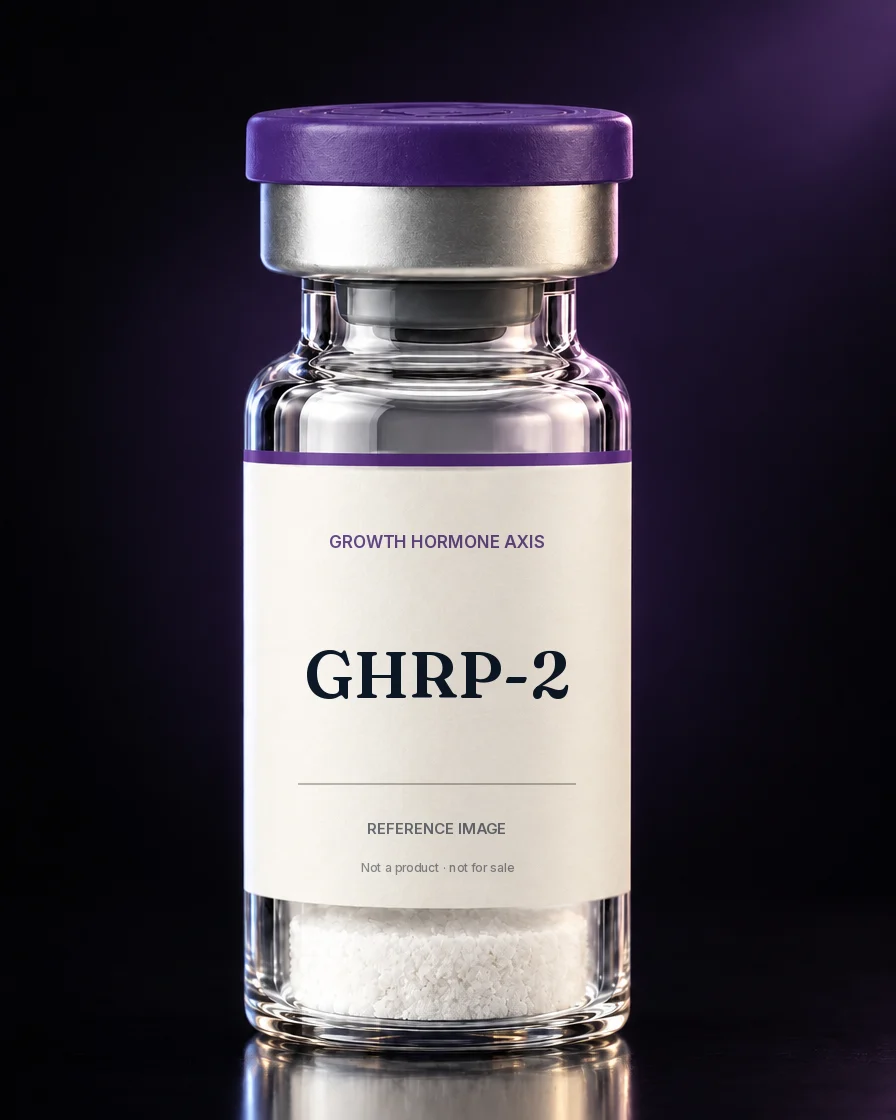 Unbranded reference vial illustrating GHRP-2; not an actual product