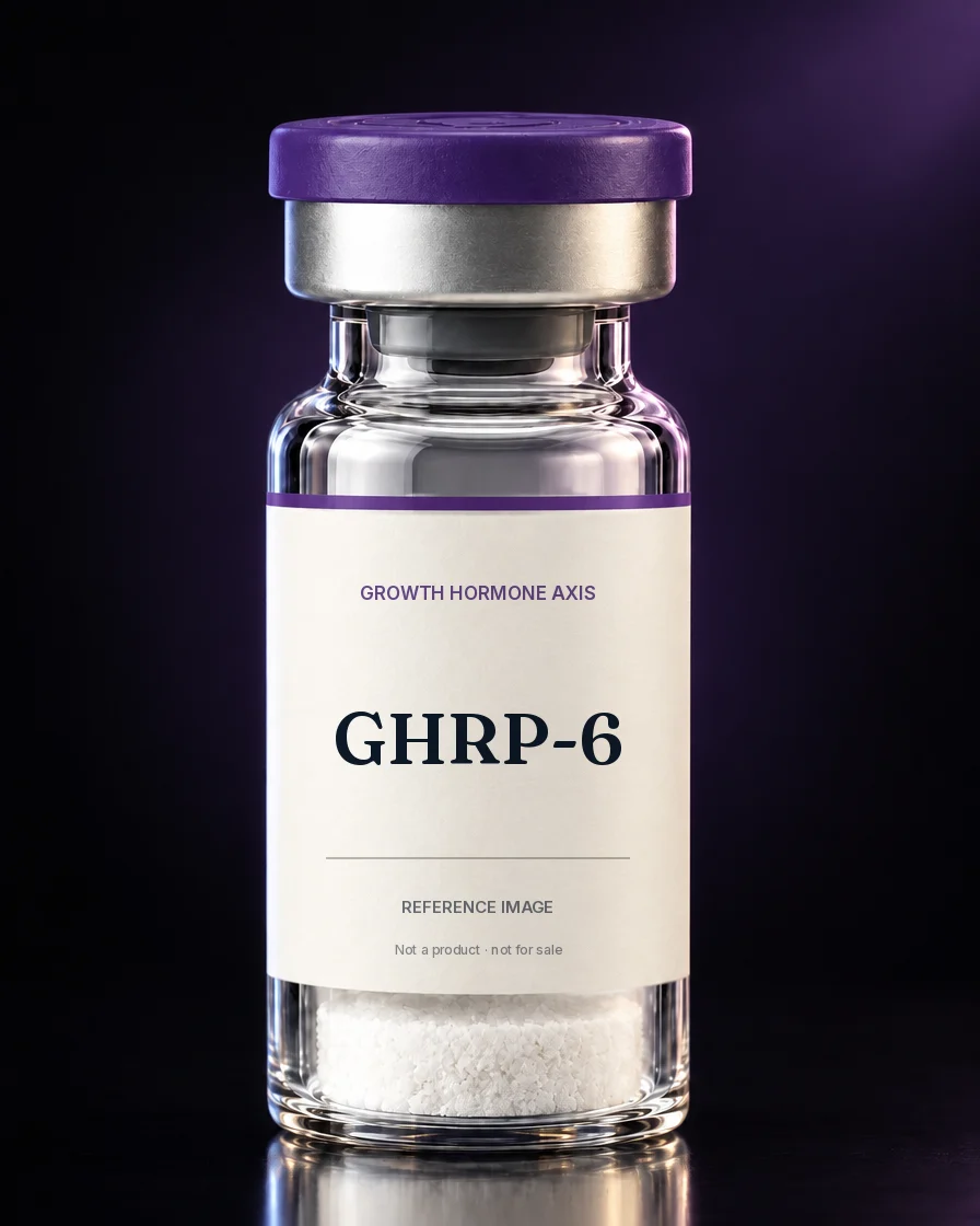 Unbranded reference vial illustrating GHRP-6; not an actual product