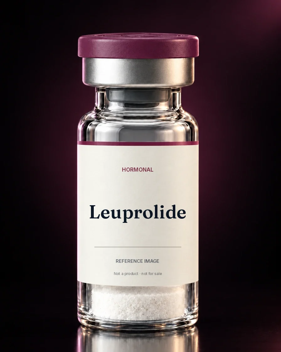 Unbranded reference vial illustrating Leuprolide; not an actual product