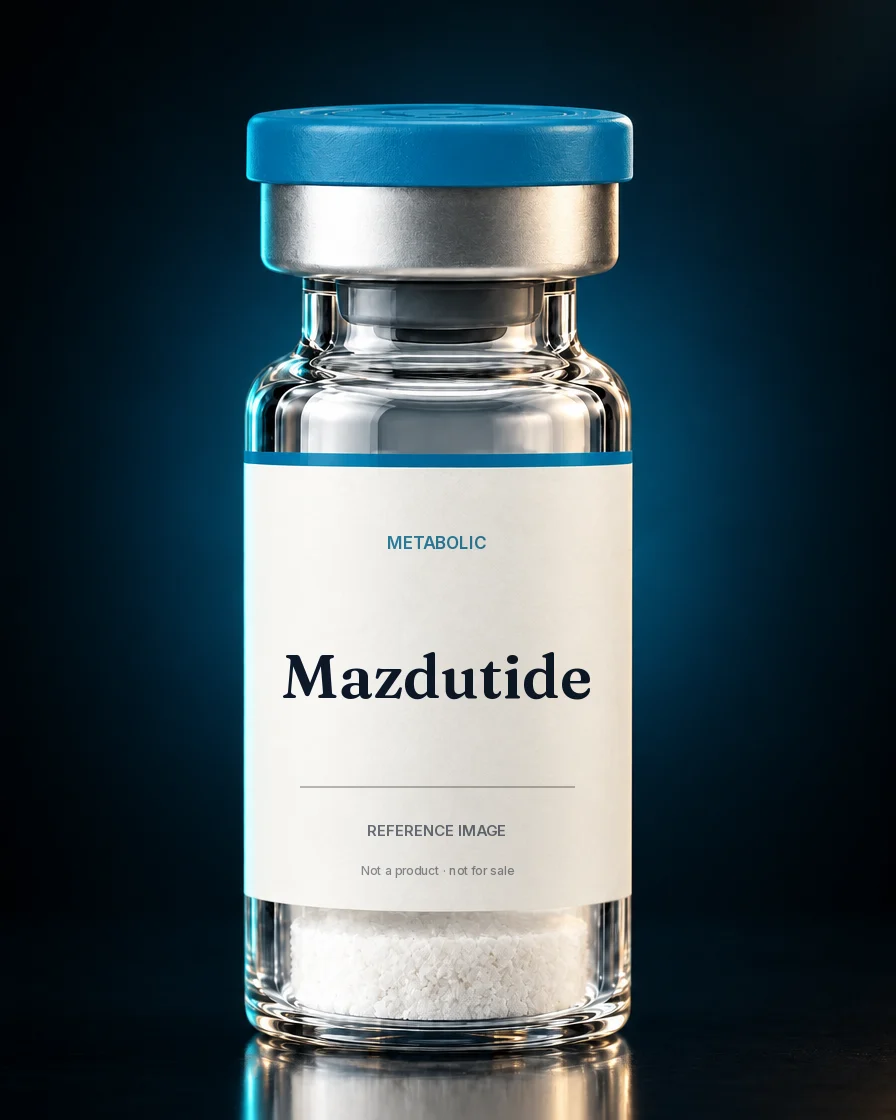 Unbranded reference vial illustrating Mazdutide; not an actual product