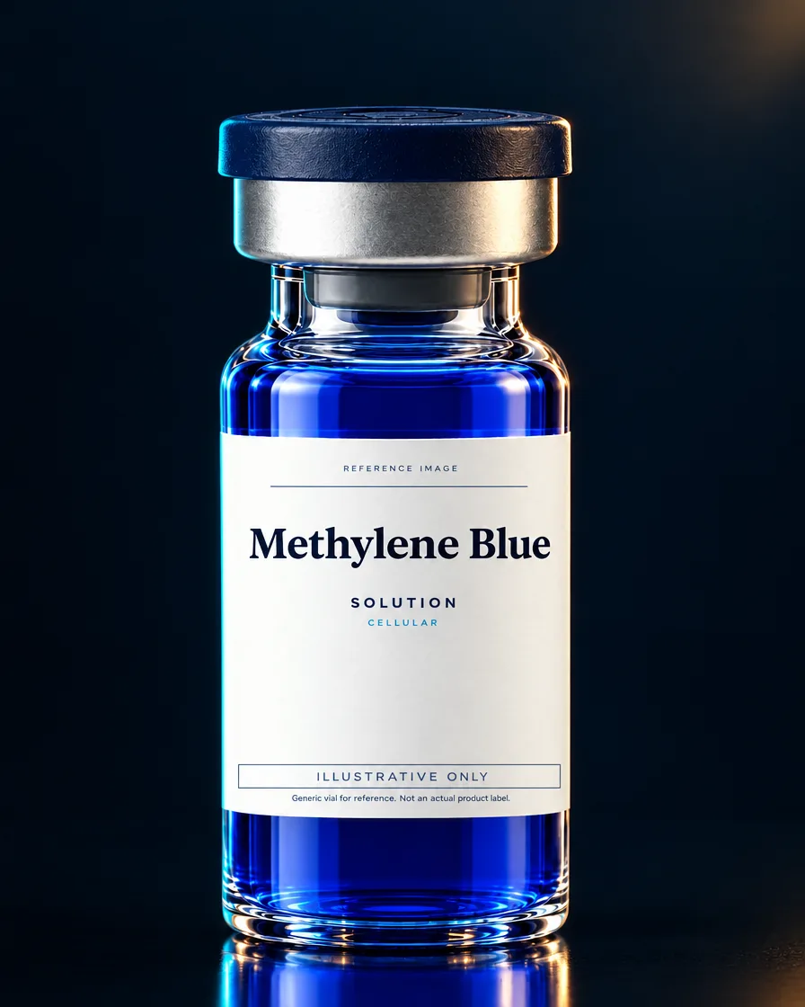 Unbranded reference vial illustrating Methylene Blue; not an actual product