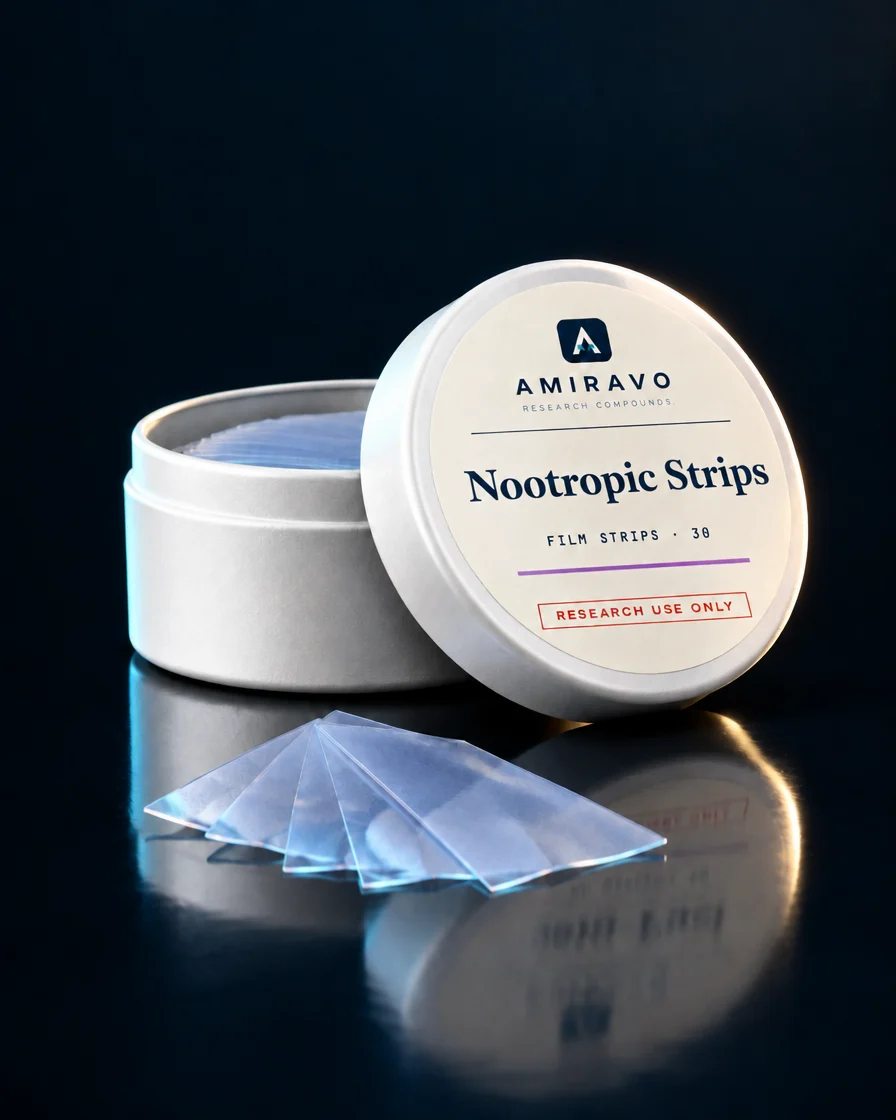 Nootropic Strips research vial with an Amiravo label