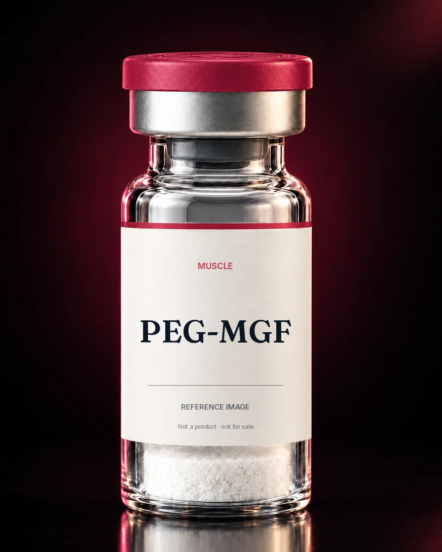 Unbranded reference vial illustrating PEG-MGF; not an actual product