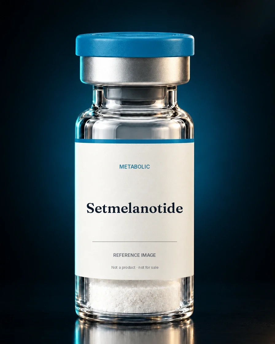 Unbranded reference vial illustrating Setmelanotide; not an actual product
