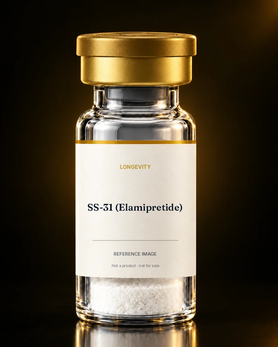 Unbranded reference vial illustrating SS-31 (Elamipretide); not an actual product