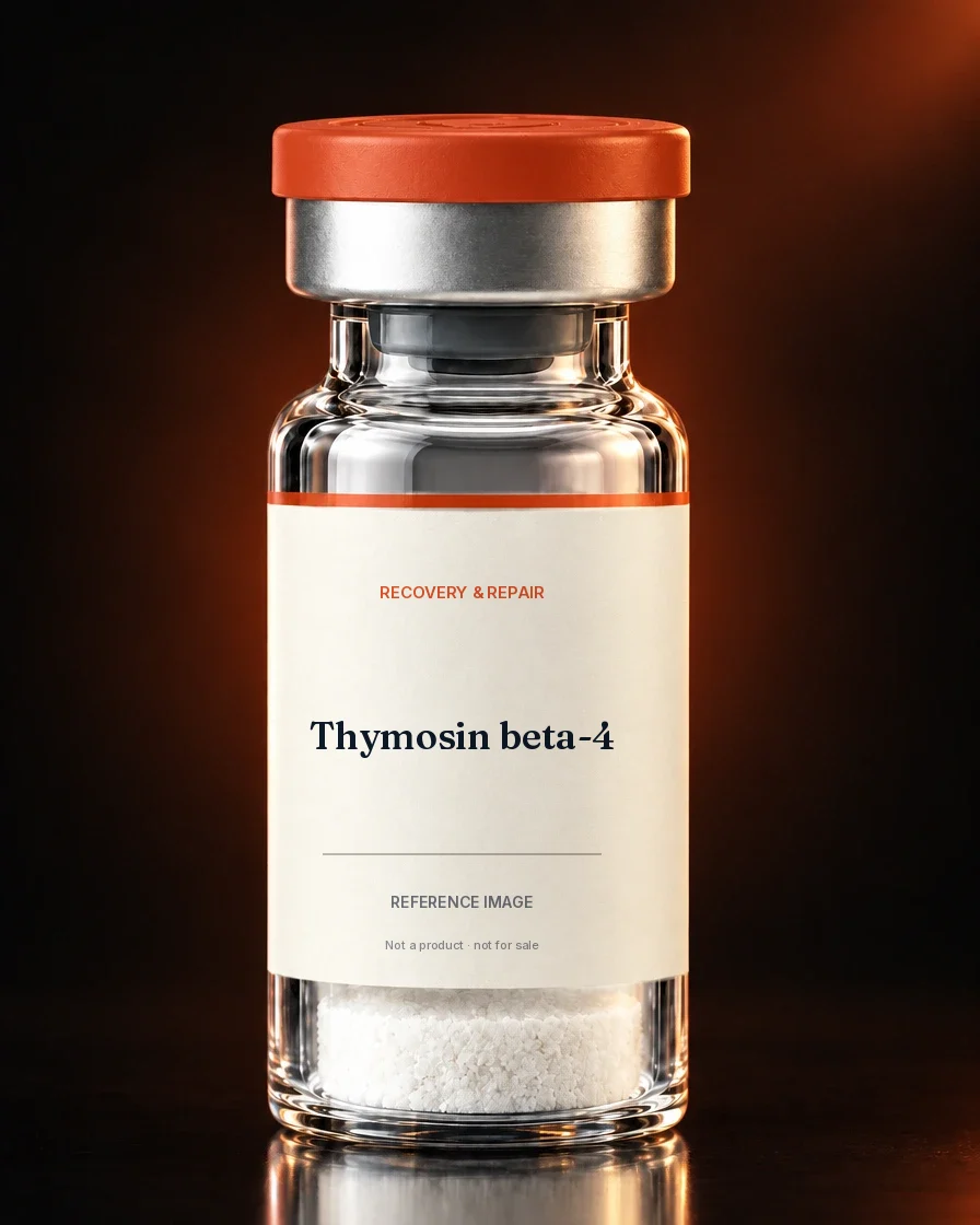Unbranded reference vial illustrating Thymosin beta-4; not an actual product